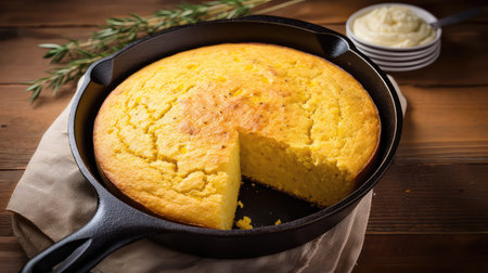 Homemade cornbread in a cast-iron pan on a wooden tableの素材