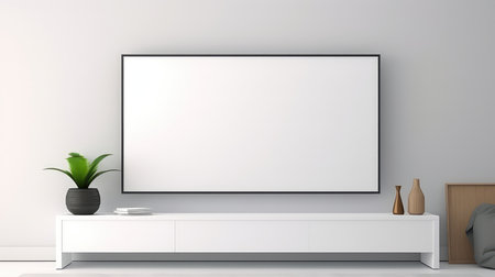White TV screen mockup on white wall in modern living roomの素材