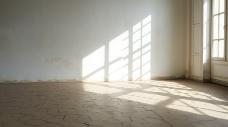 Empty room with light from window and shadow on the wall and floorの素材