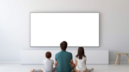 Rear view of family sitting on sofa in living room and watching TV mockupの素材