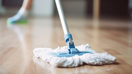 Cleaning the floor with a mop. House cleaning concept.の素材