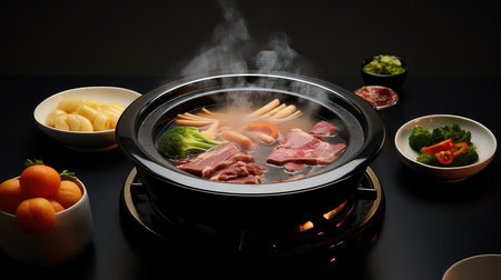Japanese hot pot with beef and vegetables on black background, closeupの素材