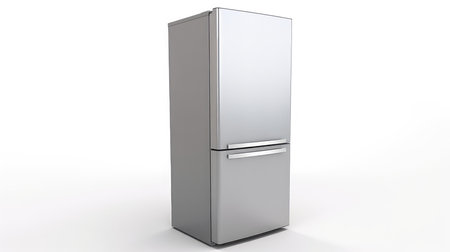stainless steel refrigerator isolated in white studio backgroundの素材