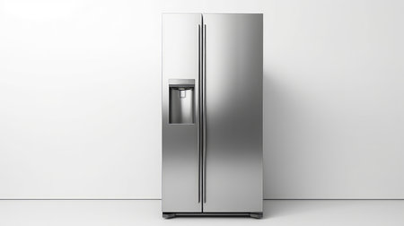 stainless steel refrigerator isolated in white studio backgroundの素材