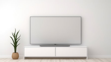 White TV screen mockup on white wall in modern living roomの素材