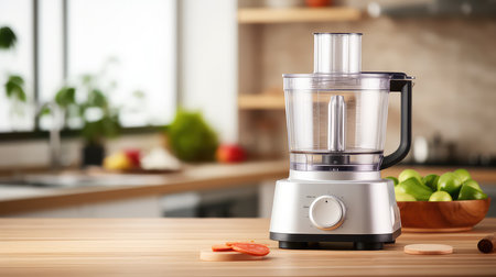 Modern electric blender on wooden table in kitchen.の素材