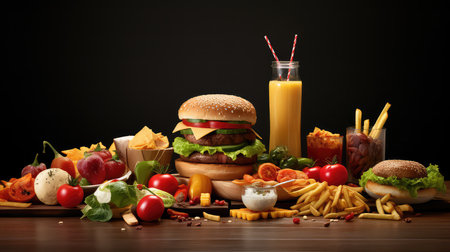 Variety of fast food on wooden table.の素材