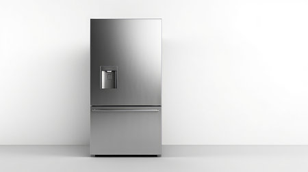 stainless steel refrigerator isolated in white studio backgroundの素材