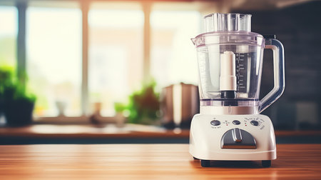 Modern electric blender on wooden table in kitchen.の素材