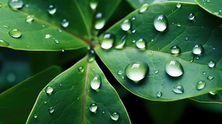 Green leaf with water drops close up. Shallow depth of field.の素材