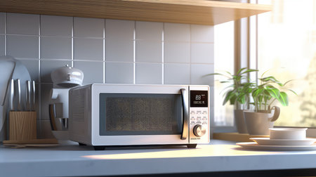 Microwave oven on kitchen tableの素材
