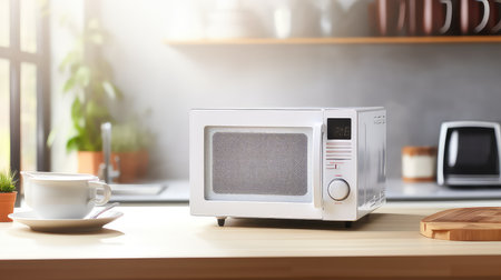 Microwave oven on kitchen tableの素材