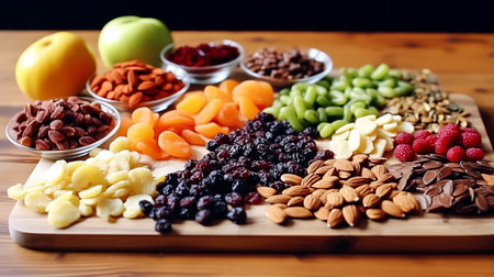 Healthy food on a wooden background. Nuts, dried fruits and berries.の素材