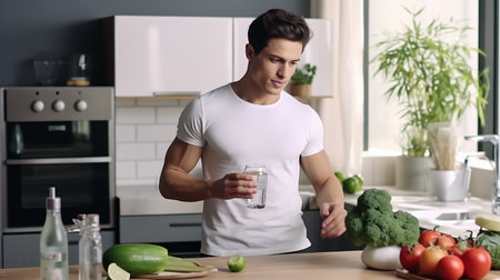 young man with glass of water in kitchen at home, healthy foodの素材