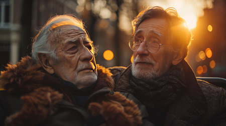 portrait of two senior old man at sunset city backgroundの素材
