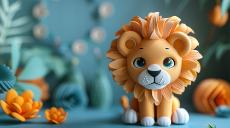 Cute lion with flowers in the background.の素材