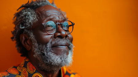 Portrait of an old man with white beard on yellow backgroundの素材