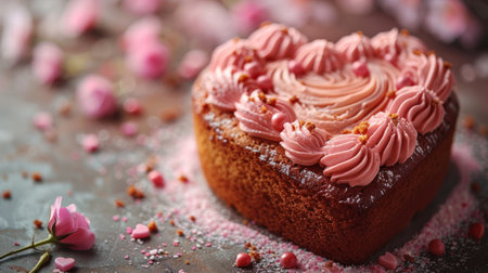 Pink heart-shaped cake on a pink backgroundの素材