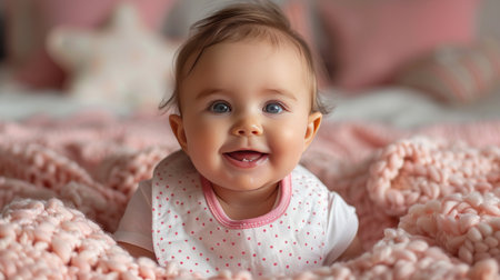 Cute little baby girl lying on bed at home, closeupの素材
