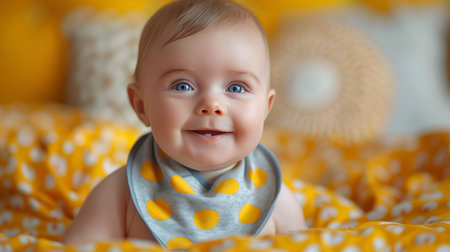 Portrait of a cute baby girl in a yellow bodysuitの素材