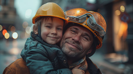 Father and daughter wear helmet construction background, Happy Fathers Dayの素材