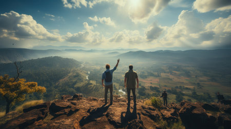 Man and woman walking on a mountain top and looking at the valleyの素材