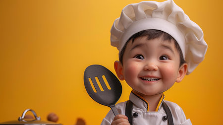 3d rendering of a little chef boy with a spoon and forkの素材