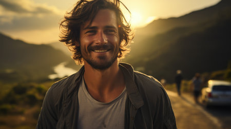 handsome young man with long curly hair smiling while walking in the city.の素材