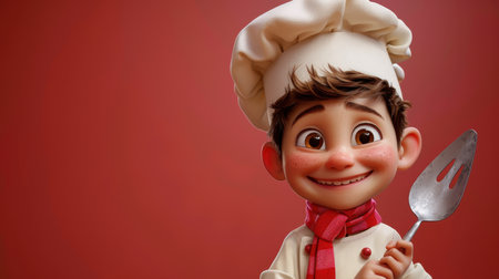 Cute little boy chef in apron with spoon in his handの素材