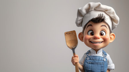 Little chef boy with a wooden spoon in his hand, on a gray backgroundの素材