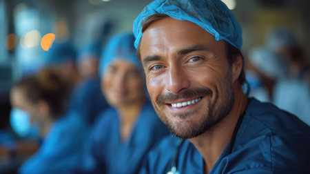 Smiling male doctor with stethoscope blurred backgroundの素材