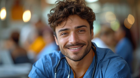 Smiling male doctor with stethoscope blurred backgroundの素材