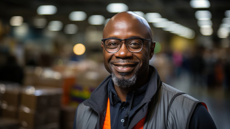 Portrait of happy african american warehouse worker smiling at cameraの素材