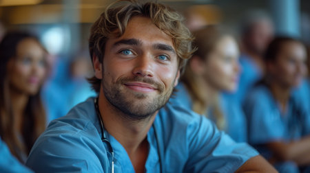 Portrait of smiling male doctor with stethoscope looking at cameraの素材