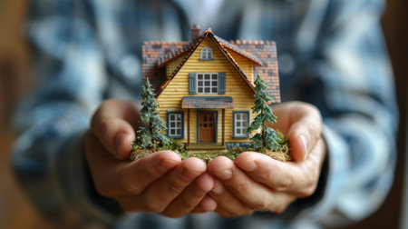 Man holding house model in hands, closeup. Real estate conceptの素材
