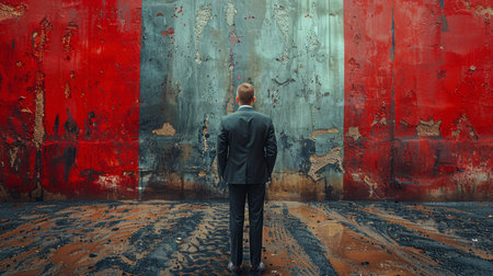 Rear view of a businessman standing in front of a concrete wall with a painted flag of Peruの素材