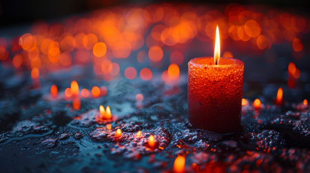 Burning candle on a black background with red bokeh.の素材