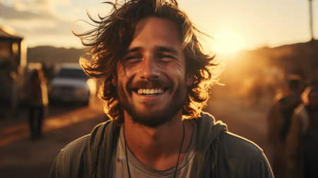 handsome young man with long curly hair smiling while walking in the city.の素材