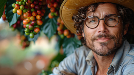 Portrait of a mature man harvesting coffee beans in a coffee plantationの素材