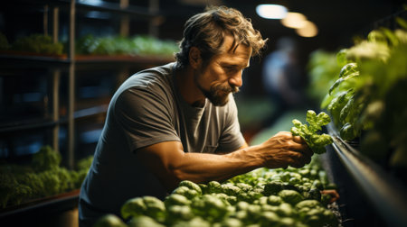 Young man working in hydroponic greenhouse, looking at basil plantsの素材