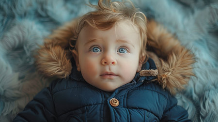 Portrait of a little boy with blue eyes in a blue sweaterの素材