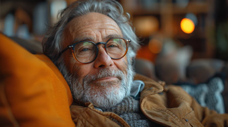 Portrait of an elderly man in a warm scarf sitting on a sofa at homeの素材