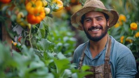 Smiling senior gardener standing in his flower gardenの素材