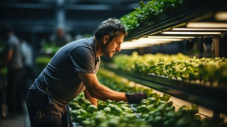 Young man working in hydroponic greenhouse, looking at basil plantsの素材