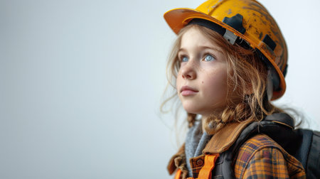 Portrait of a little girl in a yellow helmet and glasses.の素材