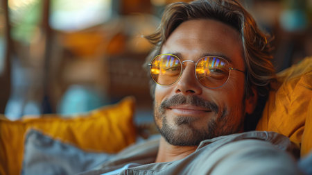 Close-up portrait of a bearded man with eyeglasses.の素材