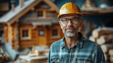Portrait of senior carpenter in hardhat and glasses standing in front of wooden houseの素材