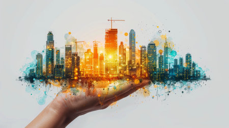 Hand holding modern cityscape with skyscrapers and colorful blotsの素材