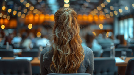 Rear view of a young woman sitting in a restaurant, back viewの素材
