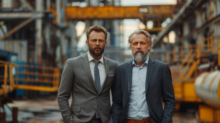 two business men stand in factory outsideの素材